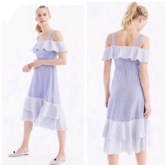 J.Crew Collection Stripe Silk Dress Blue Cold Shoulder Midi Layer Hem Med 10 M - Picture 12 of 12